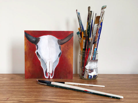 Southwestern Beauty Cow Skull Original Oil Painting 8"x8" - april bern art & photography
