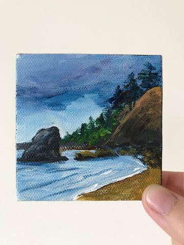 Coastal Landscape Original Acrylic Painting - 3x3 Tiny Art - april bern art & photography