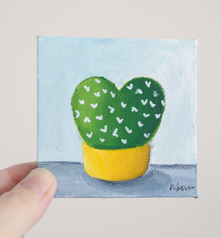 Heart Shaped Tiny Cactus Original Oil Painting - 3x3 Original Oil Painting - april bern photography